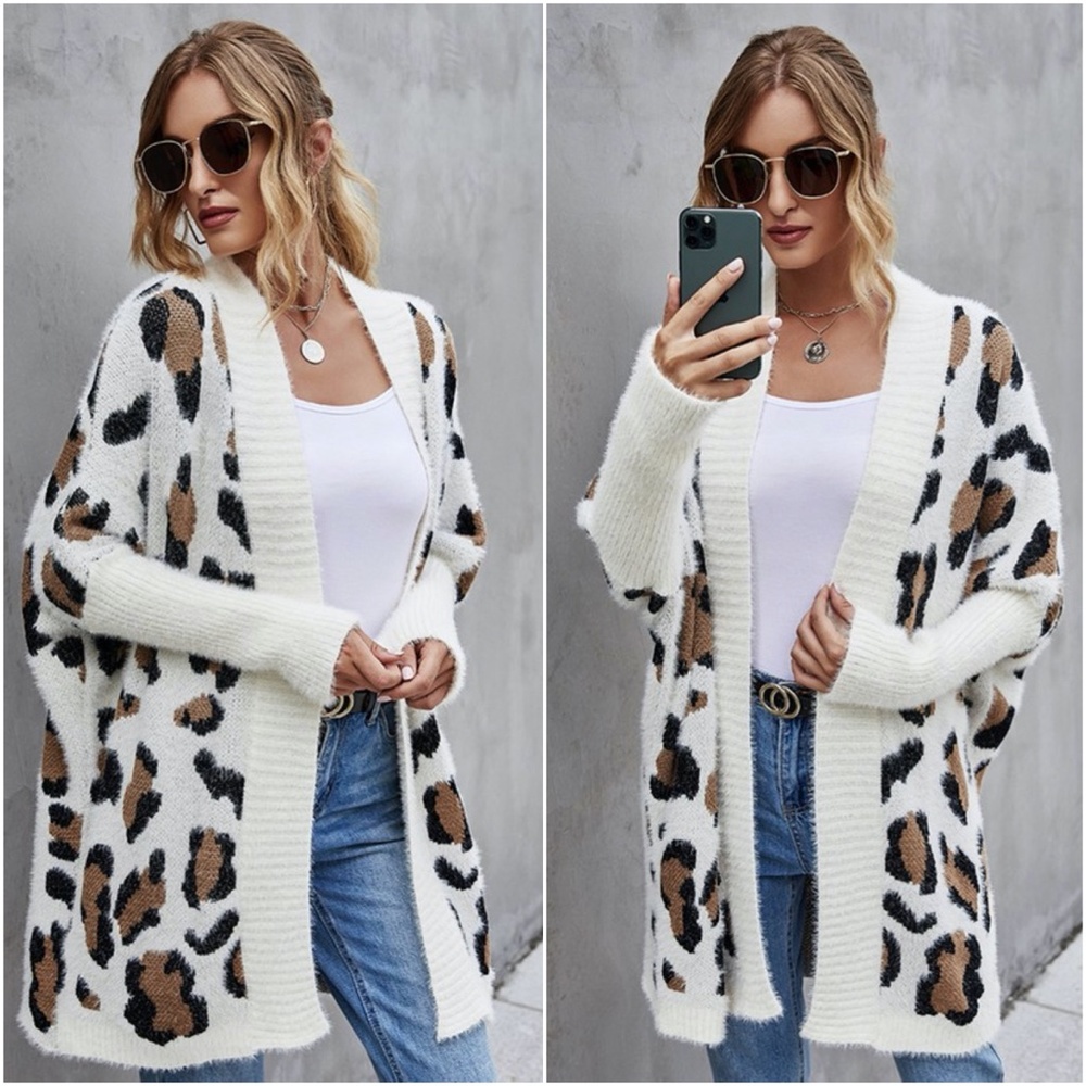 019 Cozy Leopard print fuzzy dolman sleeve fall cardigan - Picture 4 of 8